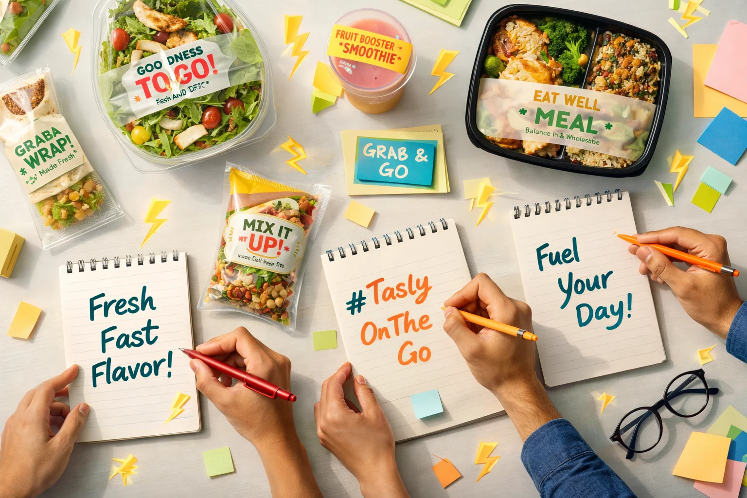 Catchy Slogans on Sodium ⚡ brainstorming scene with product labels and marketing notes for brand messaging