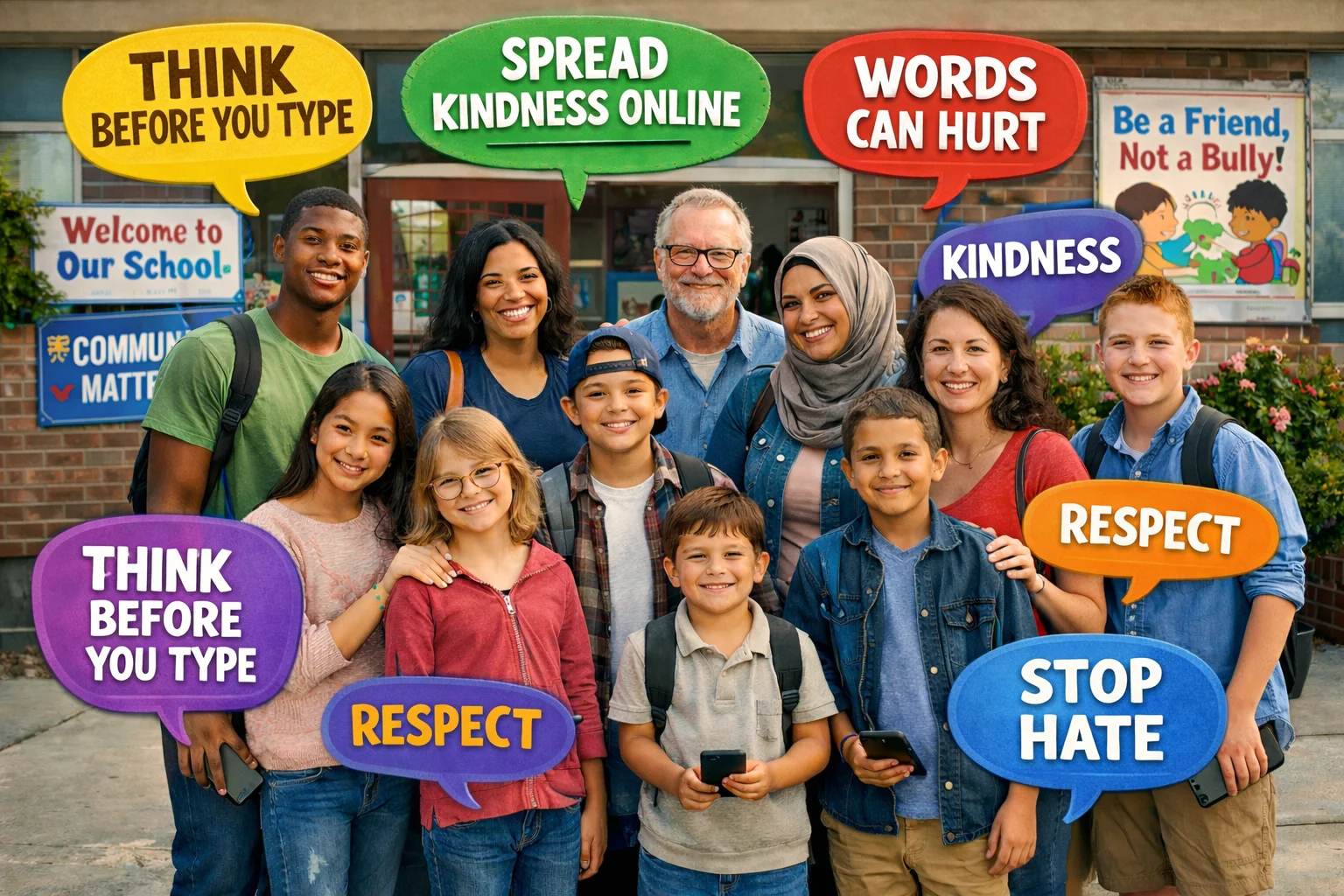 Powerful Anti-Cyber Bullying Slogans shown with diverse people promoting kindness online