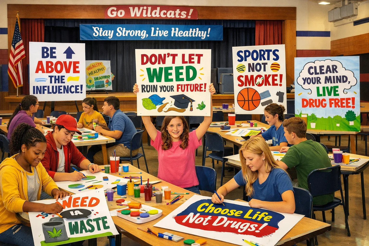Anti-Weed Slogans displayed on student-made posters promoting healthy, drug-free choices in a school setting.
