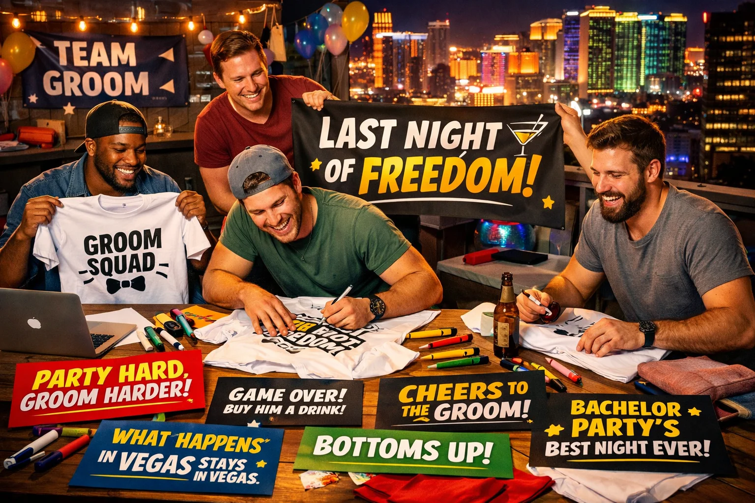 Best Bachelor Party slogans planning scene with friends creating party shirts and banners to promote a fun celebration theme