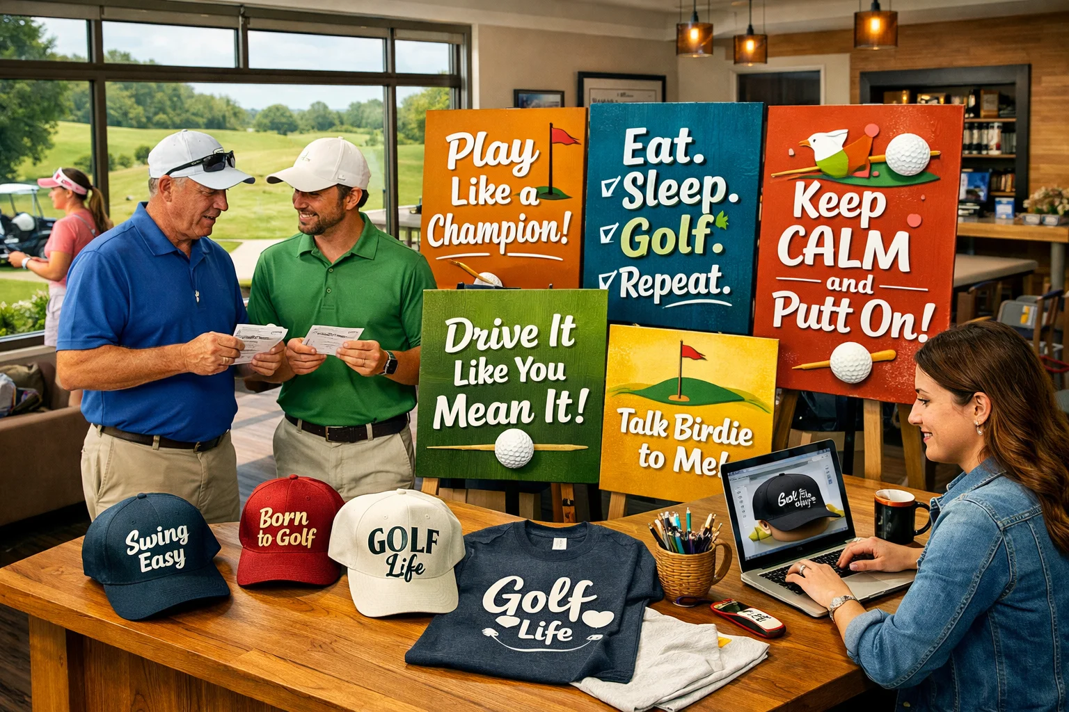 Best-golf-slogans concept shown in a modern golf clubhouse with marketing boards and golfers reviewing brand phrases.
