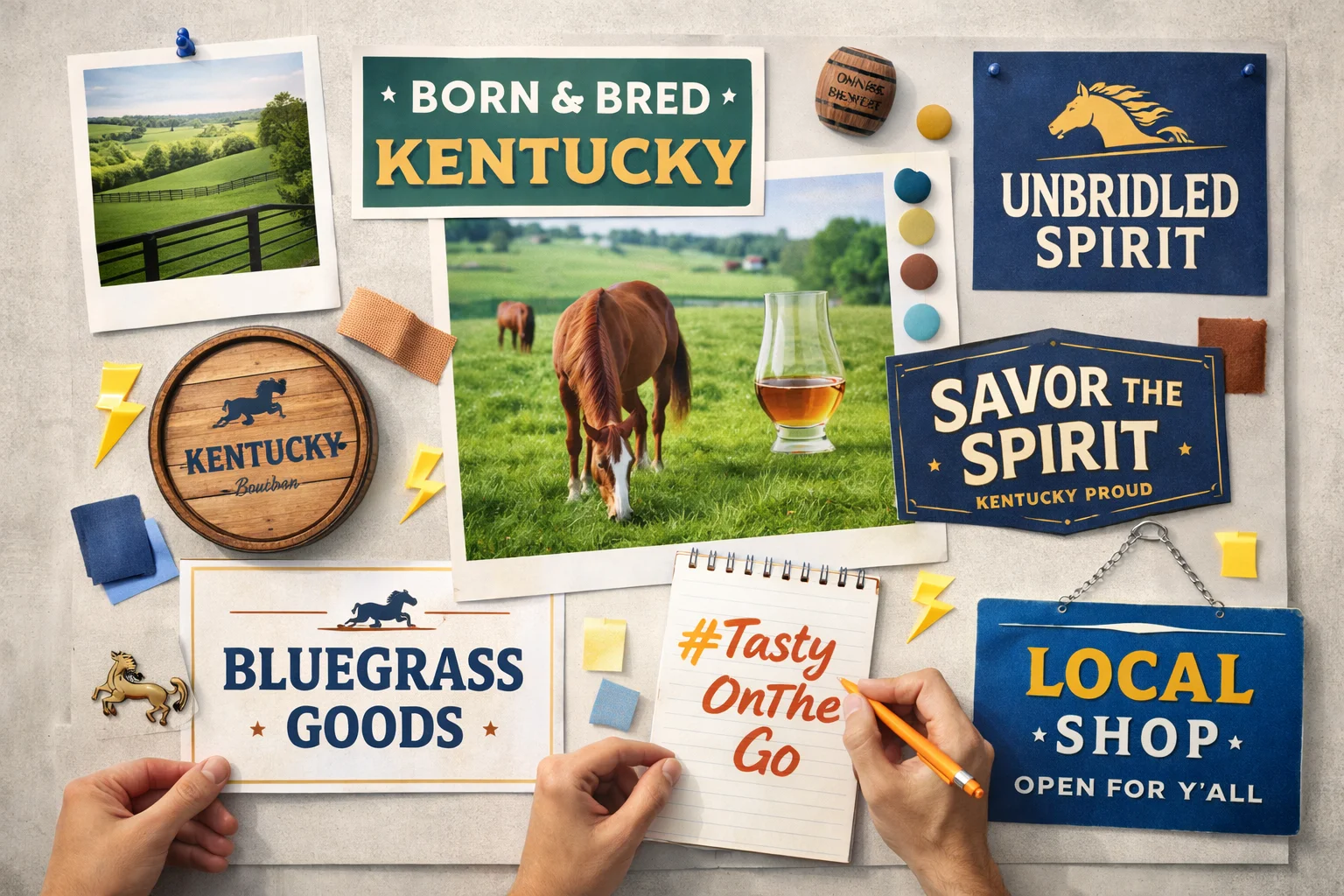 Best Slogans on Kentucky shown through horses, bluegrass hills, and local brand visuals
