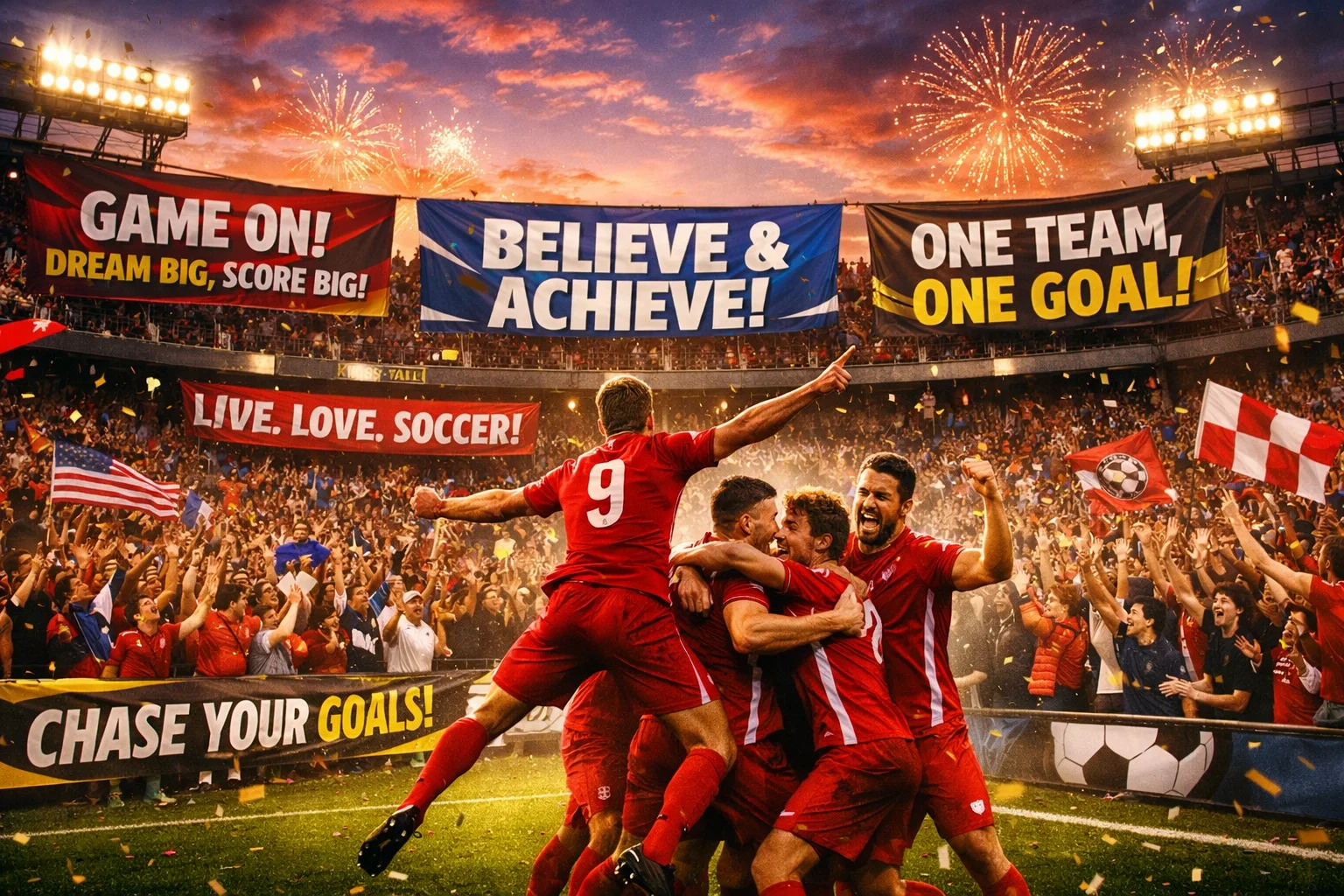 Best Soccer Slogans displayed on fan banners in a crowded soccer stadium.