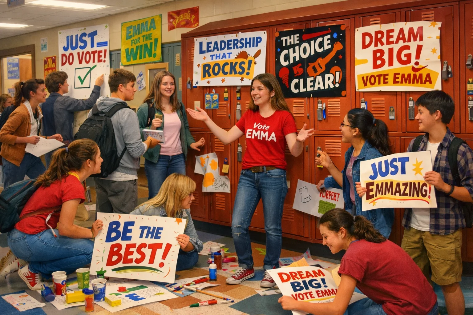 Best Student Council Slogans campaign scene in a school hallway with students holding posters and sharing leadership messages.