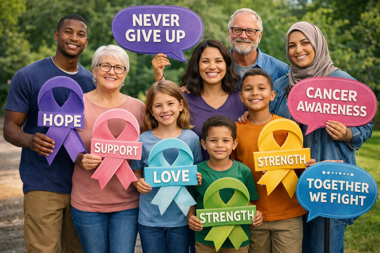 Cancer Slogans That Inspire Hope & Strength showing a united group promoting hopeful awareness messages