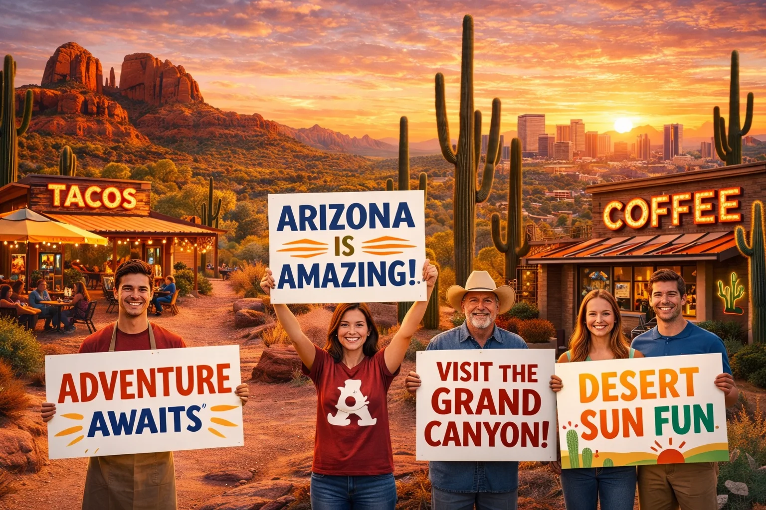 Catchy Arizona Slogans displayed across a scenic desert and city backdrop to promote tourism and state pride.