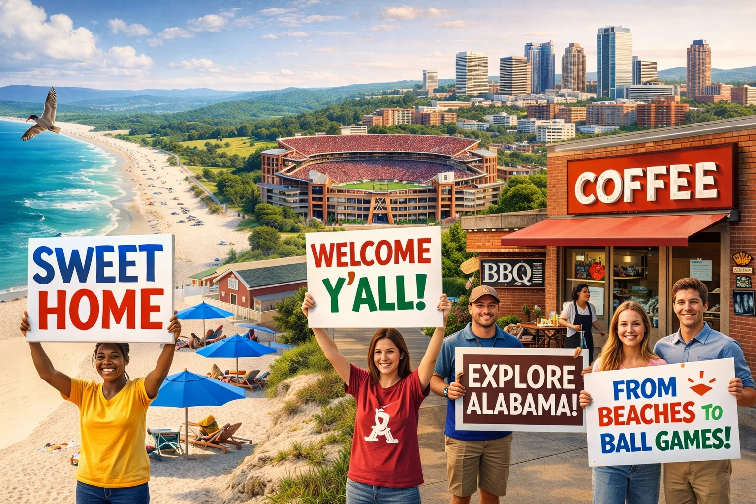Exciting Alabama Slogans displayed across a scenic Alabama backdrop to promote tourism and state pride.