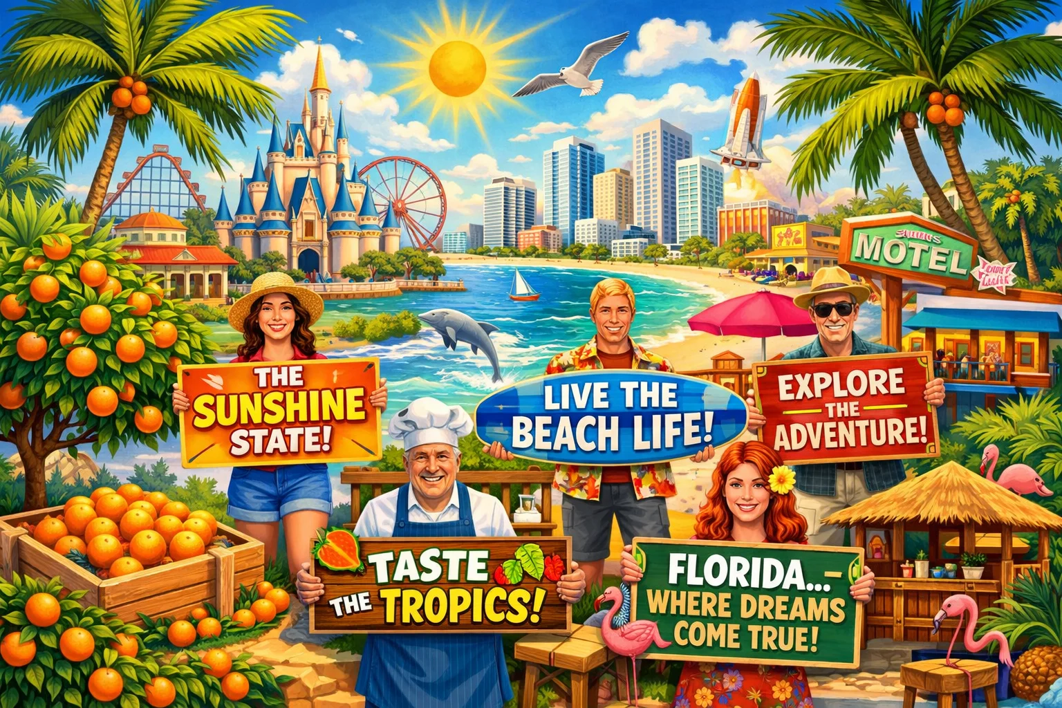 Florida slogans creative scene with palm trees, beach, oranges, and businesses holding catchy phrase boards