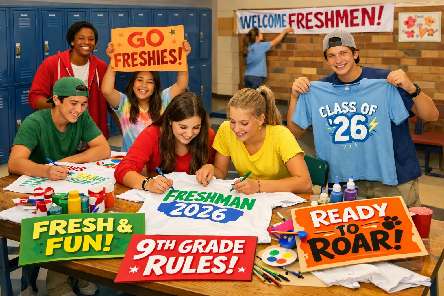 Freshman slogans scene with students creating class shirts and posters to show school spirit