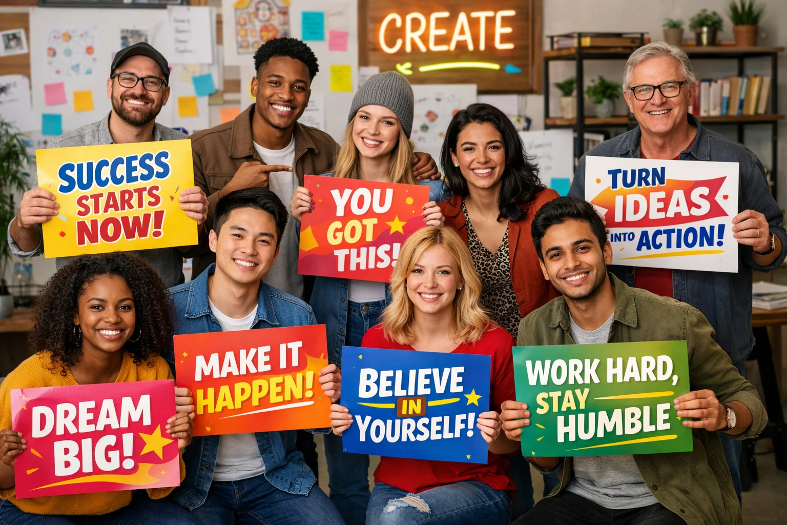 Inspirational Slogans on bold posters in a creative studio setting to motivate teams and brands.