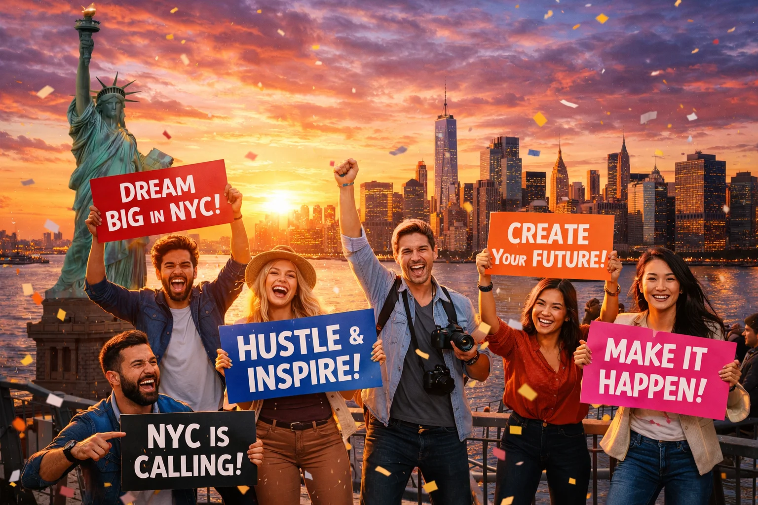 Inspiring New York Slogans displayed against the New York City skyline with the Statue of Liberty.