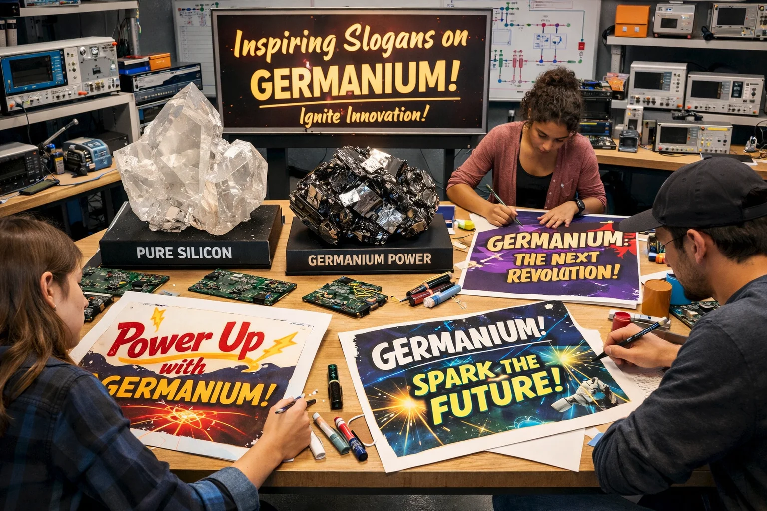 Inspiring Slogans on Germanium electronics lab scene with crystal display and slogan posters