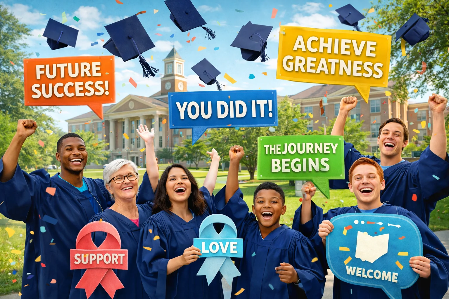 Inspiring Slogans on Graduation shown through graduates celebrating with banners and motivational phrases for ceremony and branding use