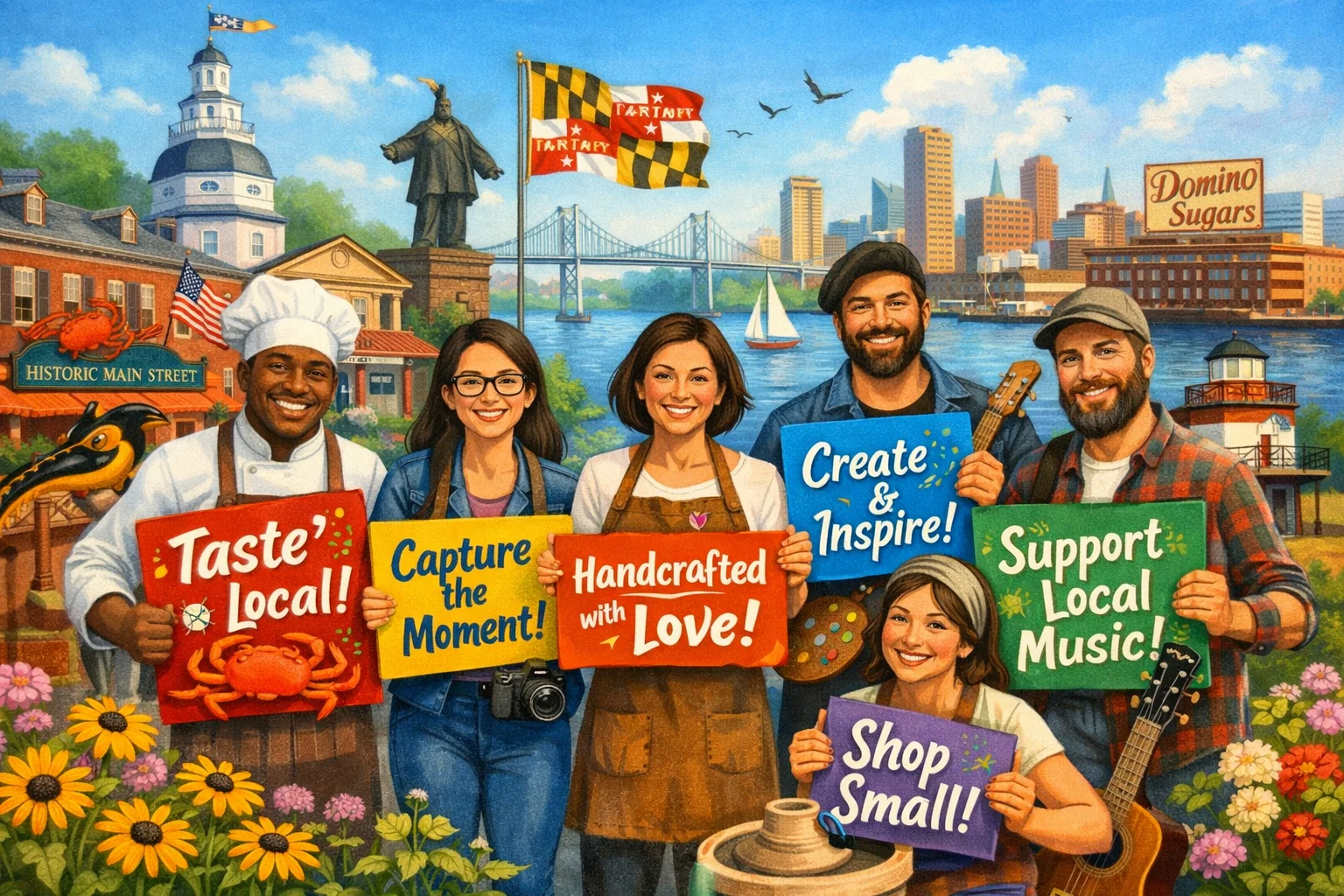 Maryland Slogans illustration with local landmarks and brand messaging ideas