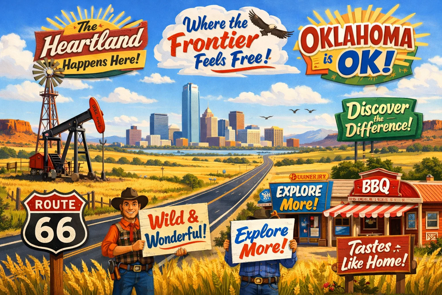 Oklahoma Slogans scene with plains, oil pump jack, Route 66 sign and local businesses