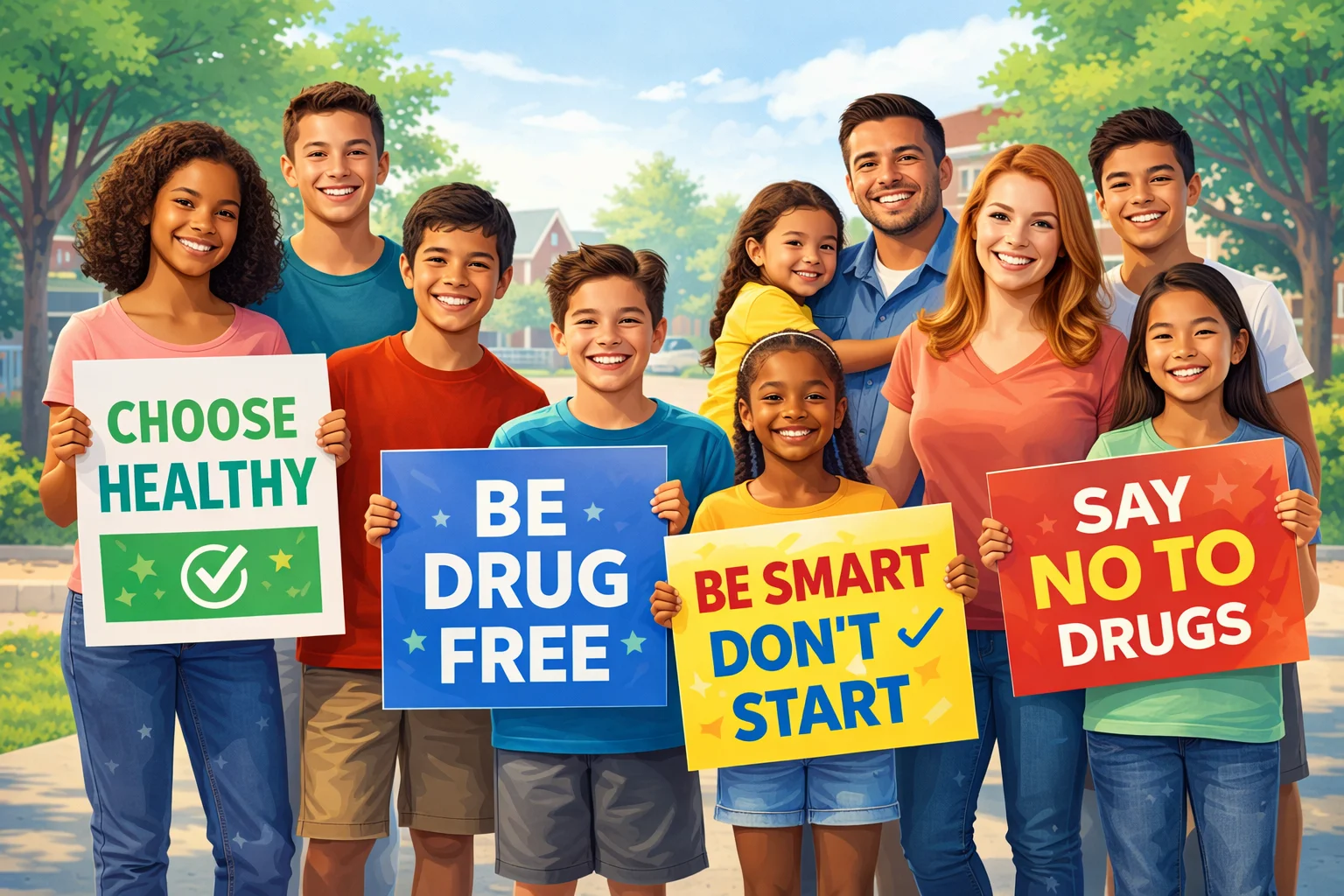 Powerful Anti-Drug Slogans Say No to Drugs Yes to Life shown through a community campaign scene promoting positive choices