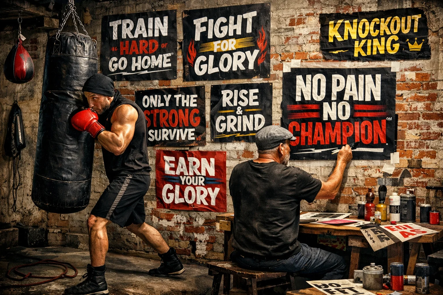 Powerful Boxing Slogans boxing gym scene with fighter training and branding posters on wall