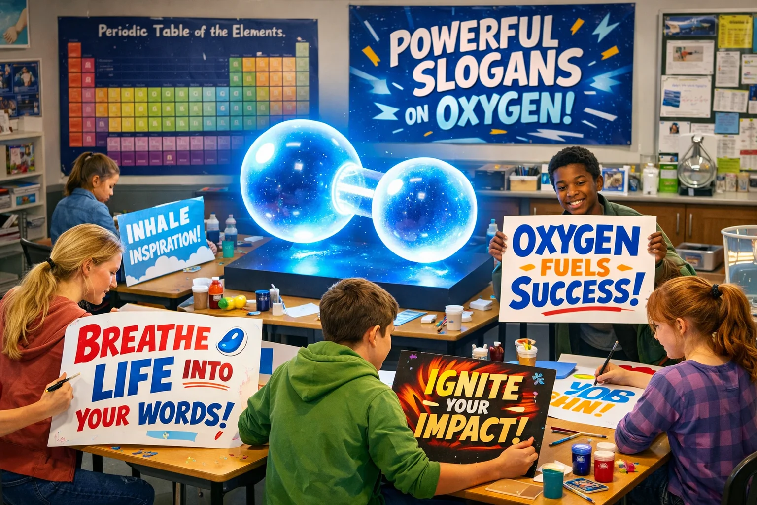 Powerful Slogans on Oxygen classroom scene with molecule model and slogan posters