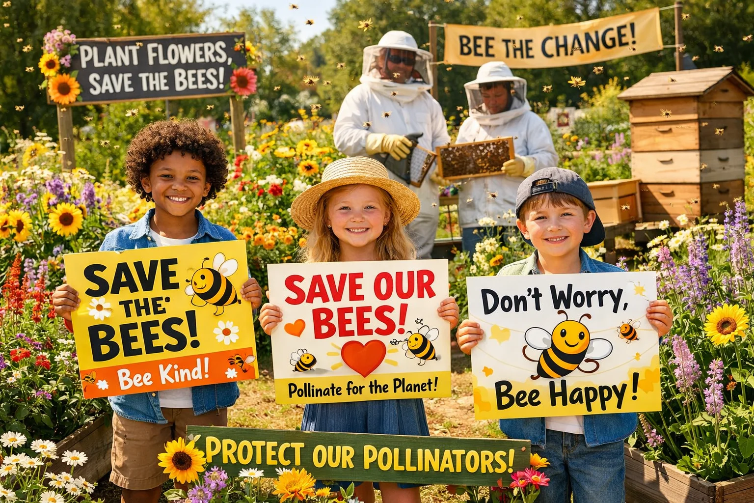Save Bee Slogans on colourful posters in a community garden promoting bee protection.