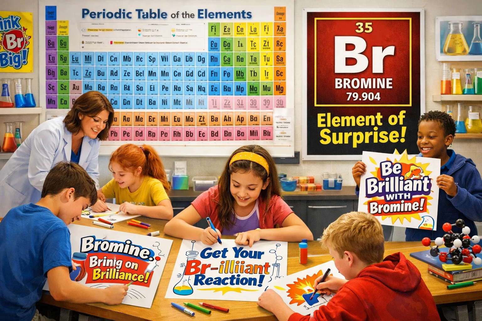 Slogans on bromine classroom scene with students creating chemistry posters highlighting the bromine element