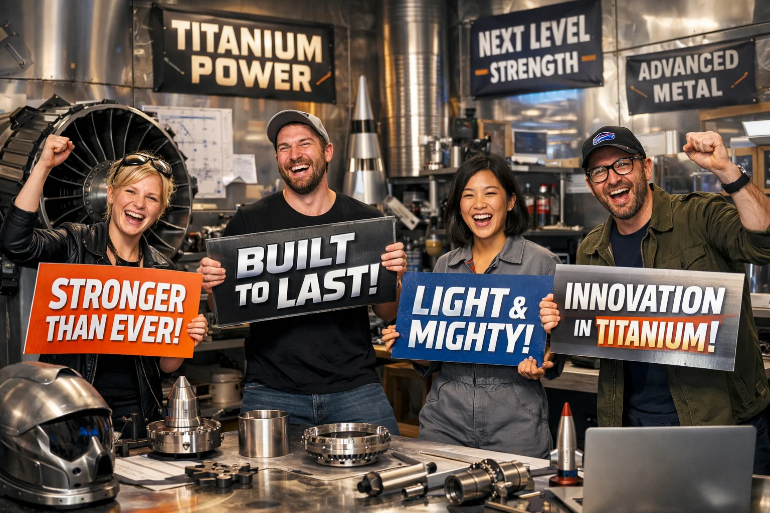 Titanium Slogans creative workshop scene with metal parts and marketers presenting brand message ideas.