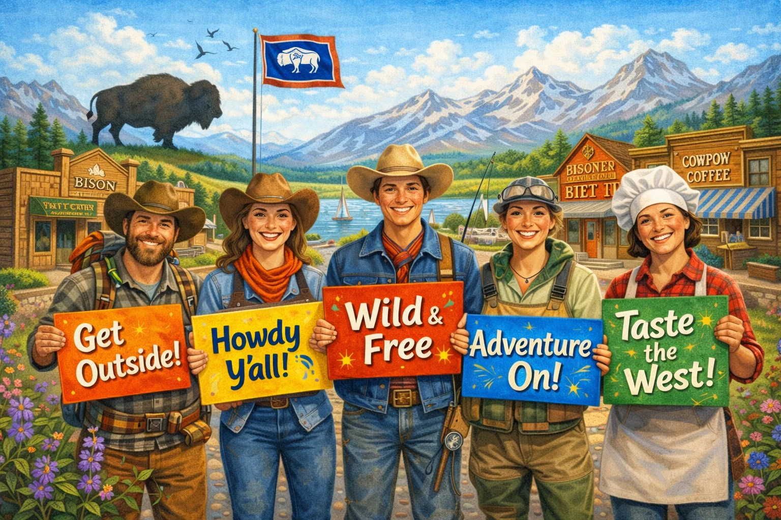 Wyoming Slogans illustrated scene with Big Sky landscape and brand messaging intent