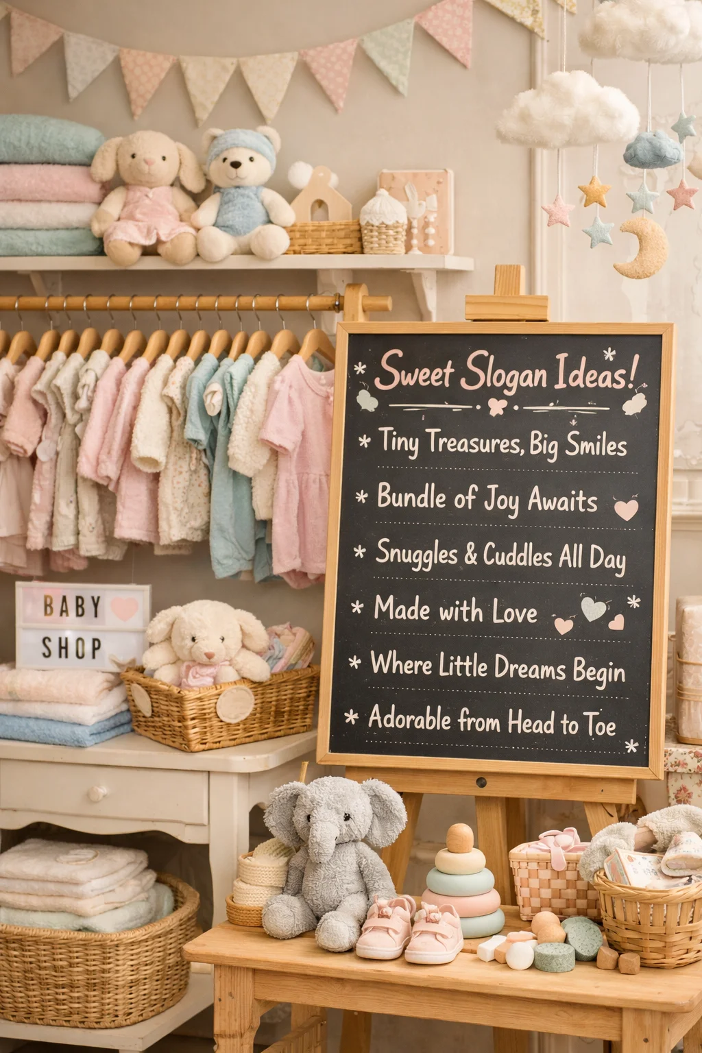 Baby Slogans scene with boutique display and branding message board