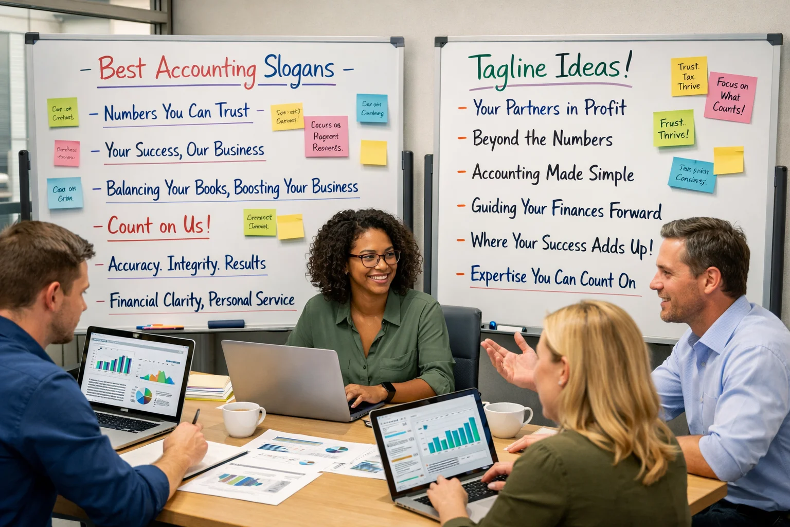 Best Accounting Slogans brainstorming session in a modern accounting office focused on branding and trust.