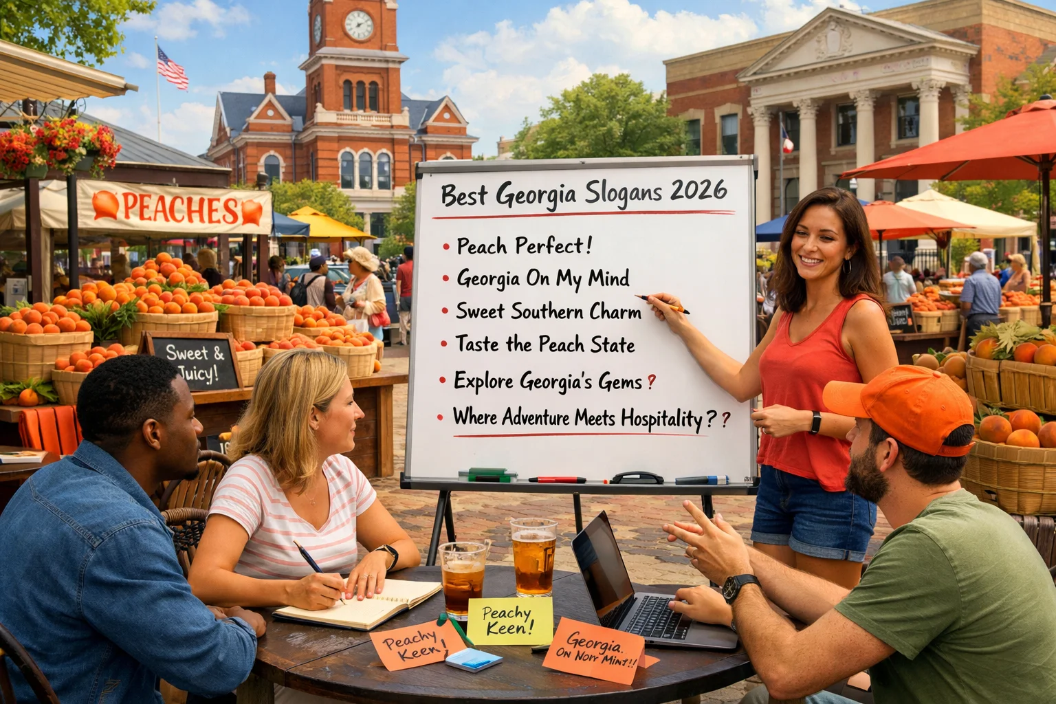 Best Georgia Slogans 2026 concept with a Georgia town square and marketers brainstorming creative slogan ideas.