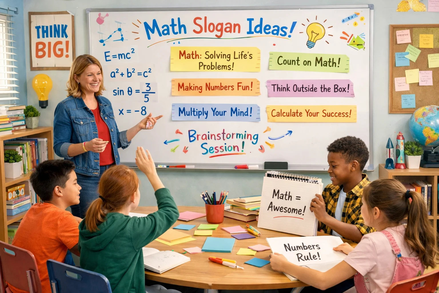 Best Mathematics Slogans classroom scene with students creating catchy math phrases for branding