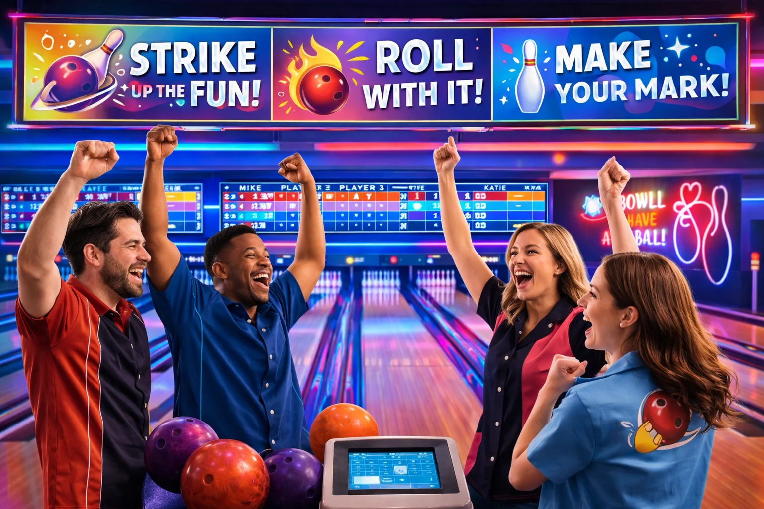 Bowling Slogans scene with players in a bowling alley celebrating strikes and brand messaging