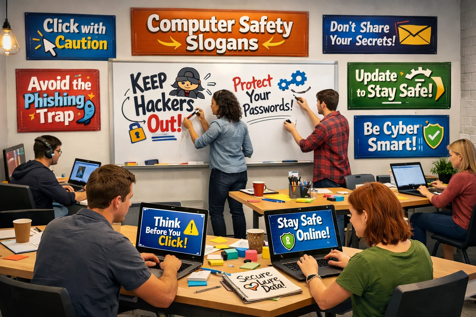 Computer Safety Slogans displayed on digital awareness posters in a modern classroom workspace promoting safe technology use.