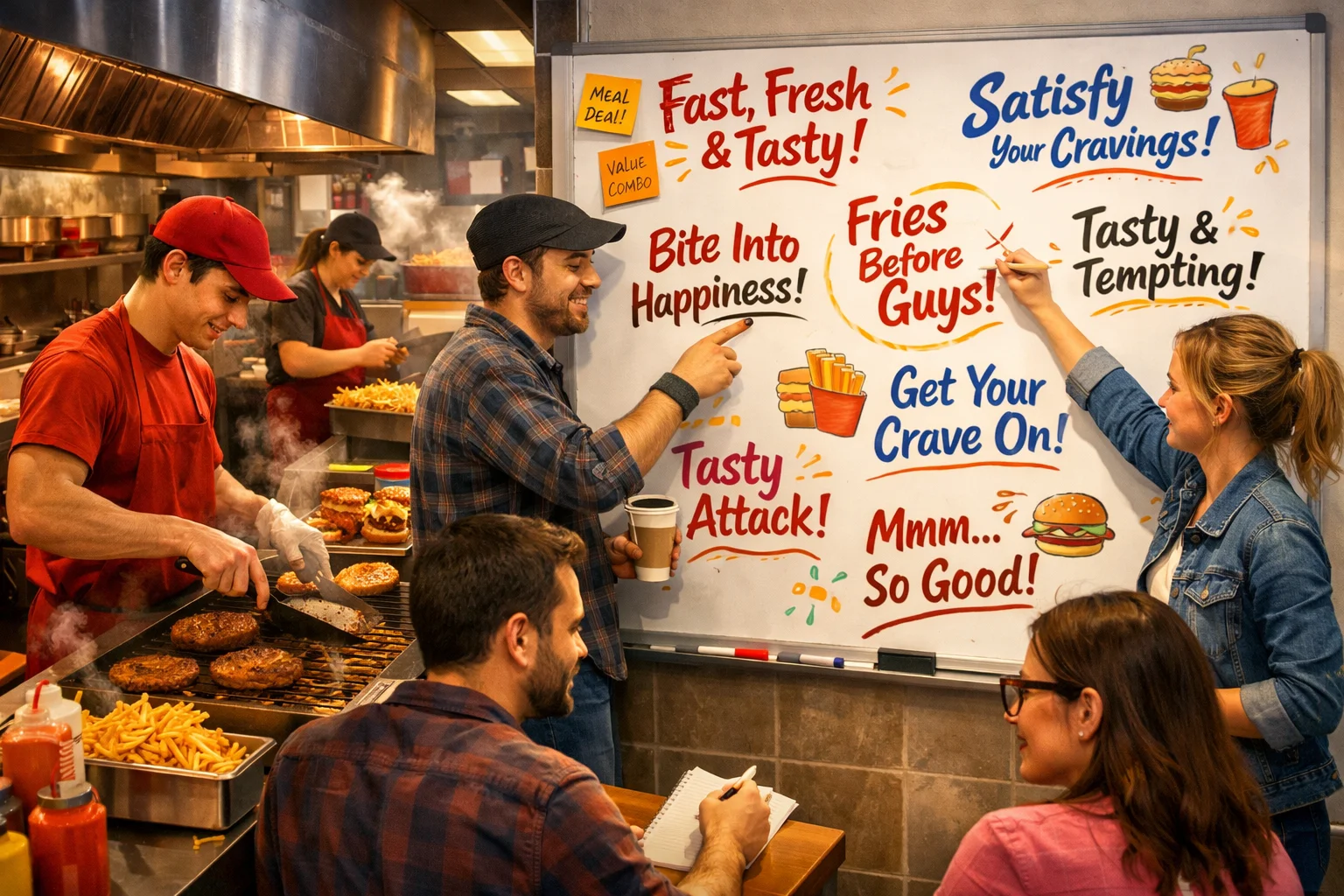 Fast Food Slogans brainstorming session in a modern restaurant kitchen with a team creating catchy brand phrases.