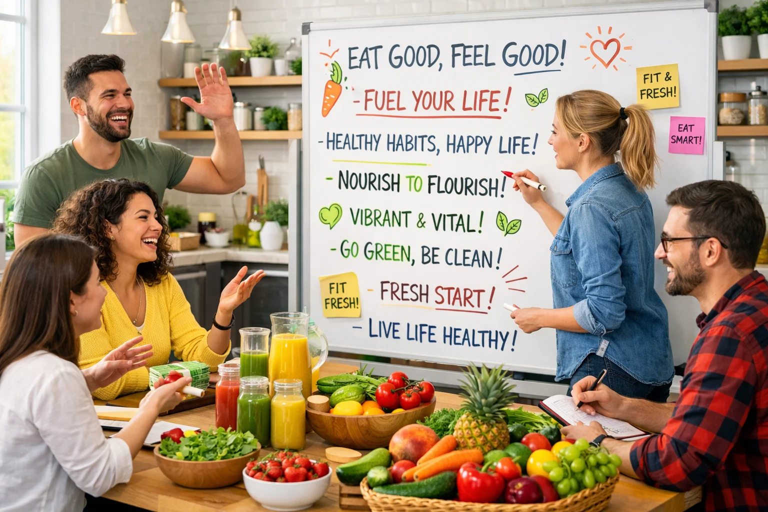 Healthy nutrition slogan brainstorming scene with fresh fruits, vegetables, and marketers planning campaign ideas.