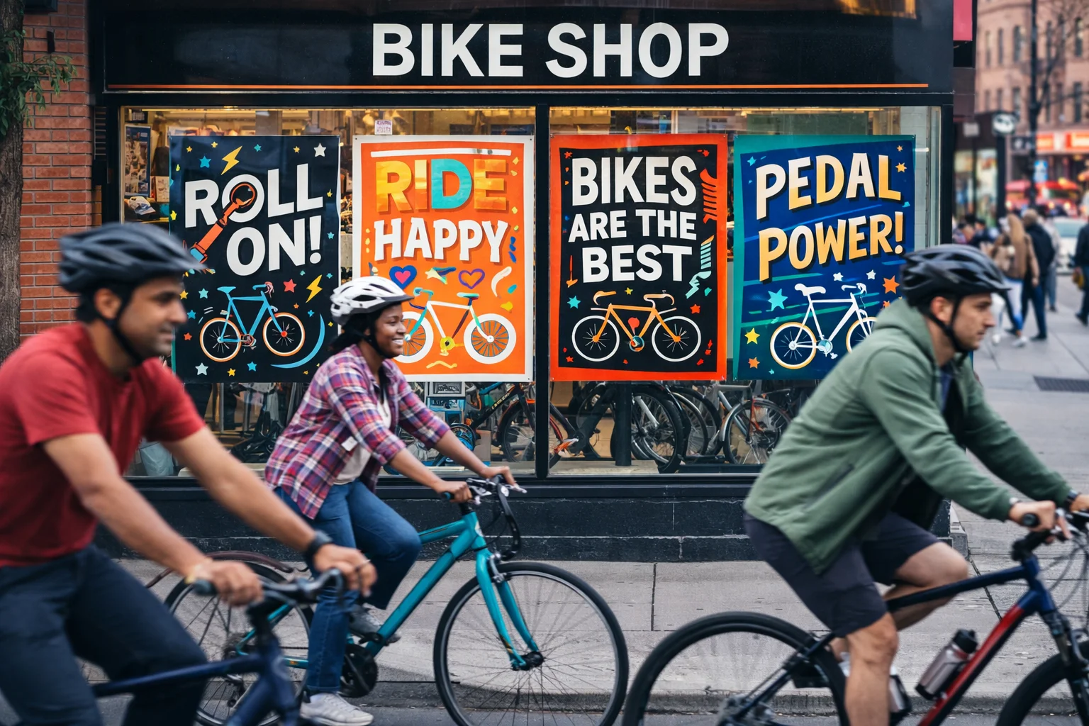 Inspiring Cycling Slogans scene with cyclists and storefront promoting brand messaging