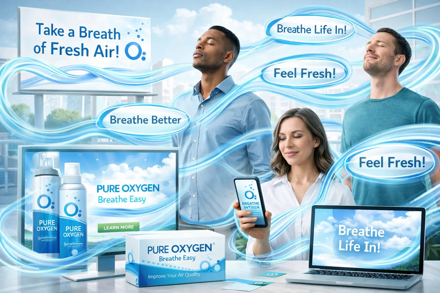 Inspiring Oxygen Slogans visual with clean air flow around branding elements showing purpose and clarity