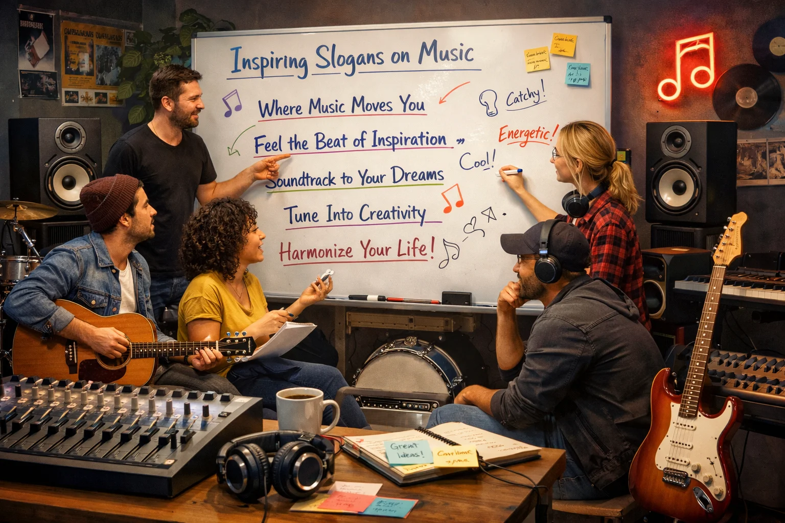 Inspiring Slogans on Music brainstorming session with musicians and marketers writing tagline ideas in a studio.