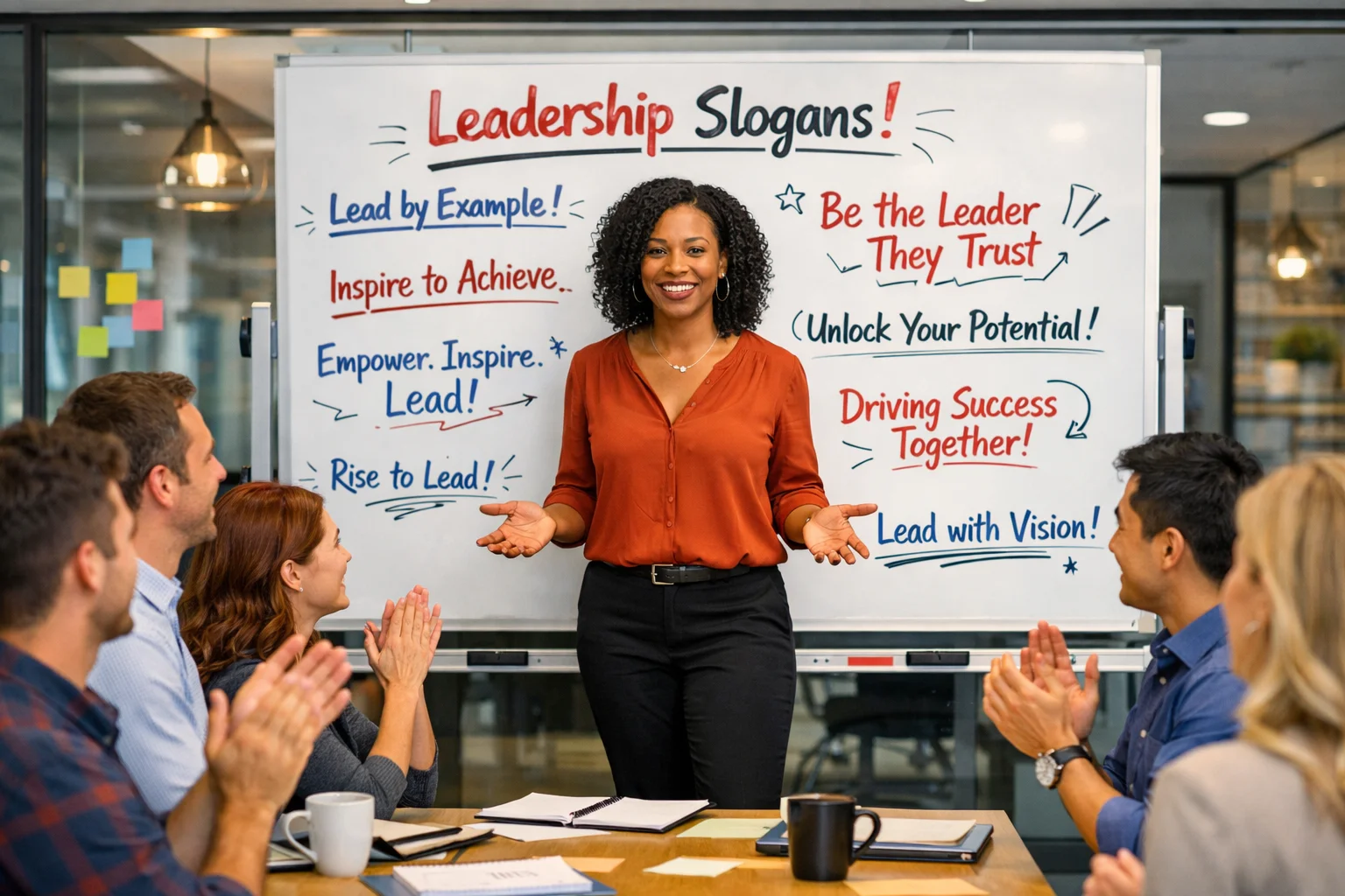 Leadership Slogans brainstorming session with team leader presenting motivational tagline ideas.