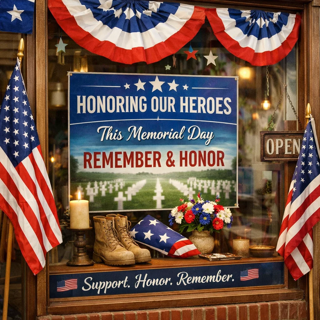 Memorial Day Slogans display with flags and storefront branding message