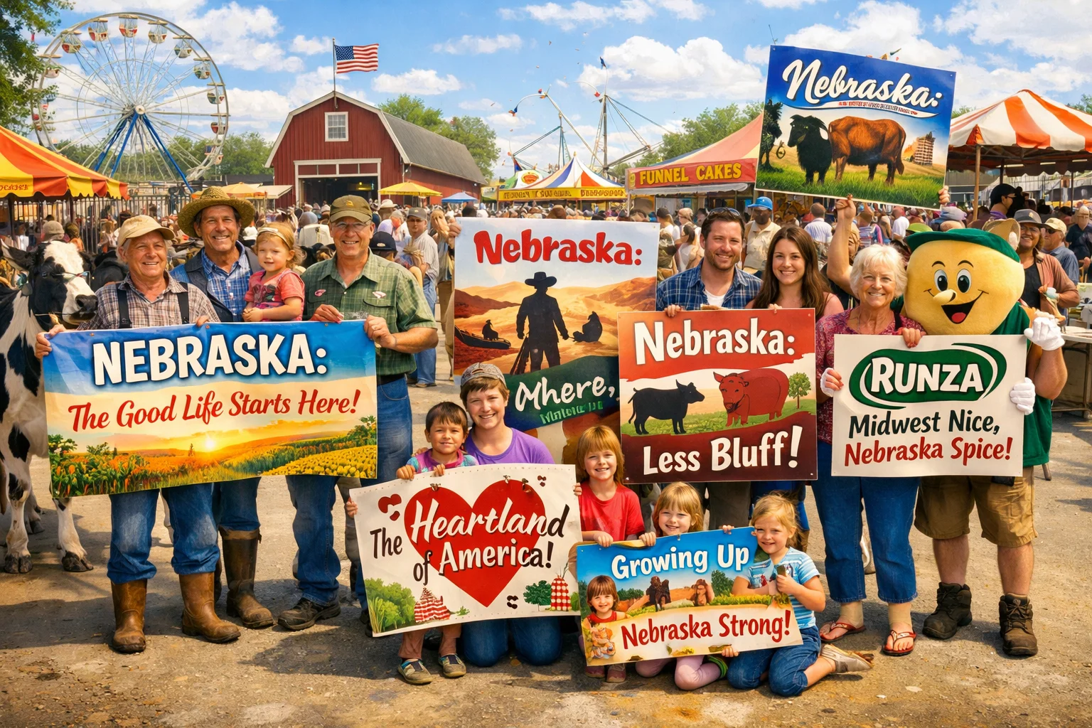 Nebraska Slogans shown on creative banners at a Nebraska fair celebrating state pride and community identity.