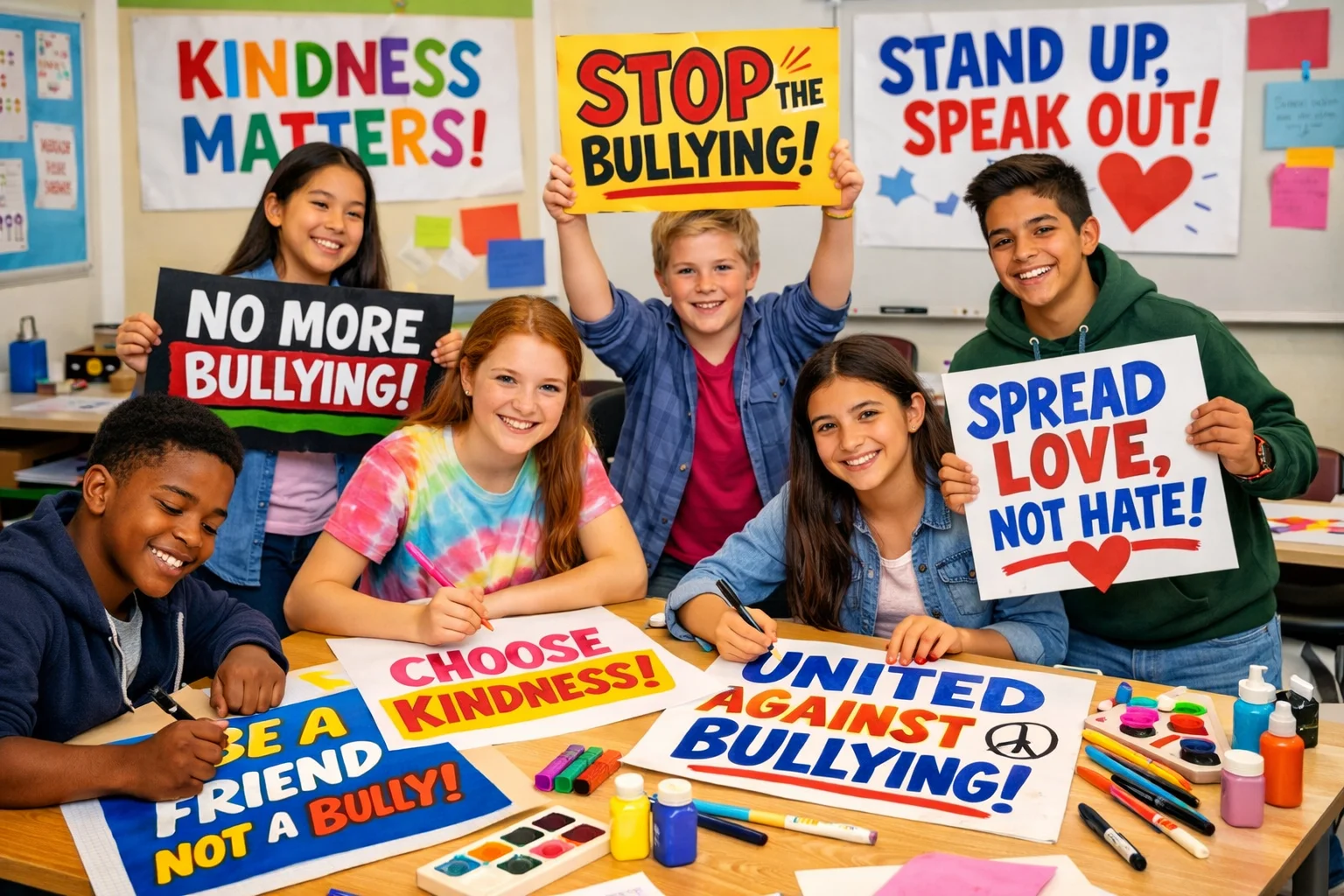 Powerful Anti Bullying Slogans featured on student-made posters in a classroom to promote kindness and awareness.