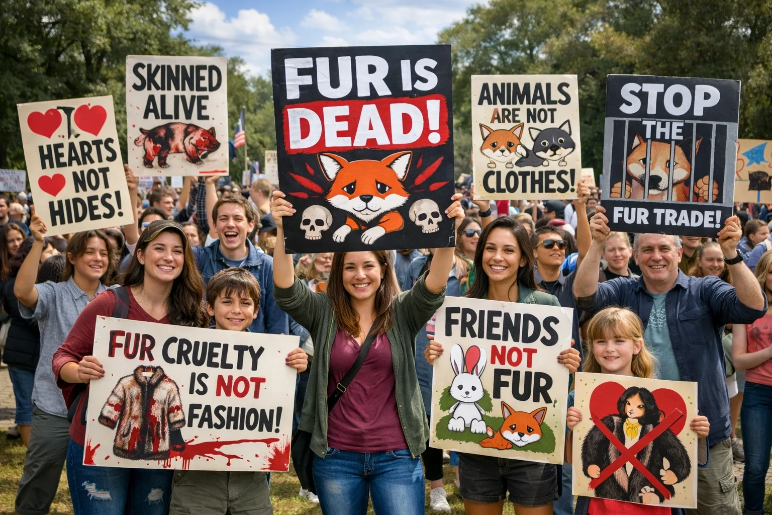 Powerful Anti Fur Slogans displayed on signs at a peaceful animal welfare awareness event.
