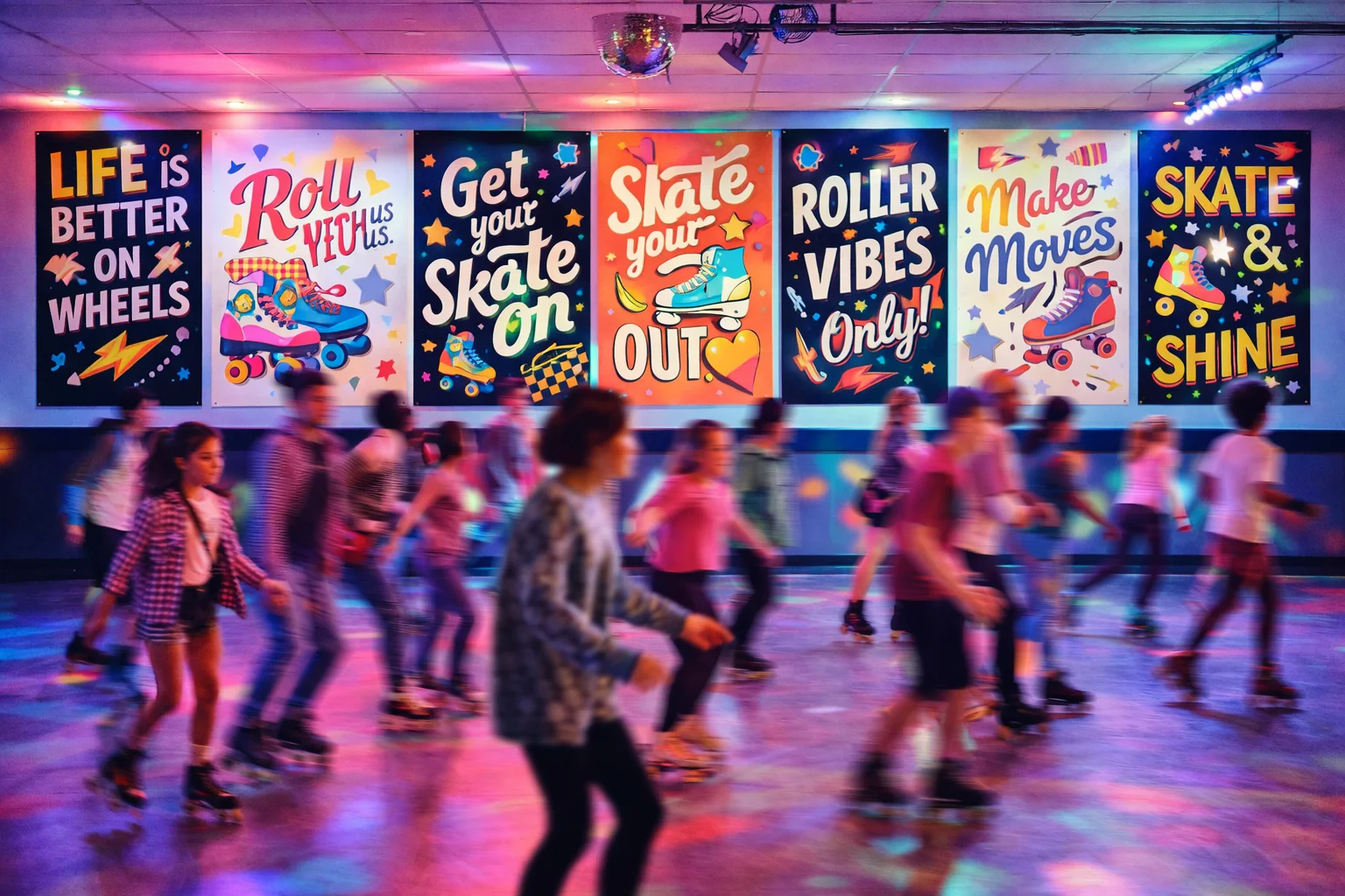 Skating Slogans to Inspire Your Moves scene with skaters and bold slogan posters promoting branding ideas