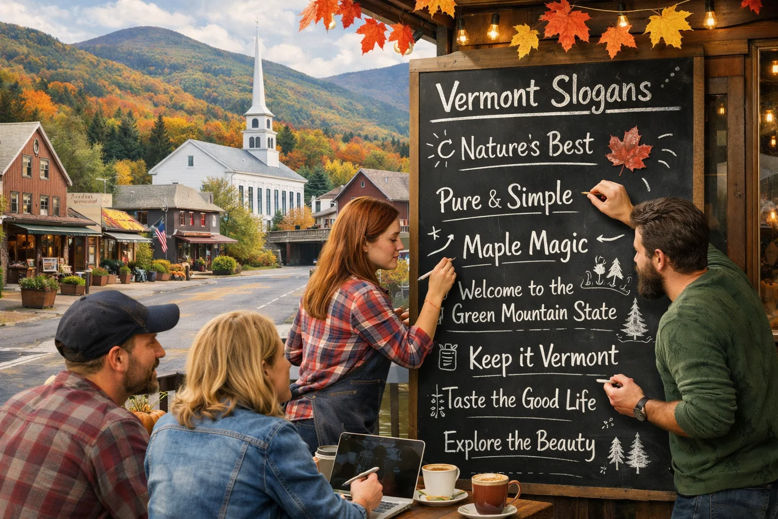 Vermont Slogans concept showing a small Vermont town with green mountains and marketers brainstorming catchy slogan ideas.
