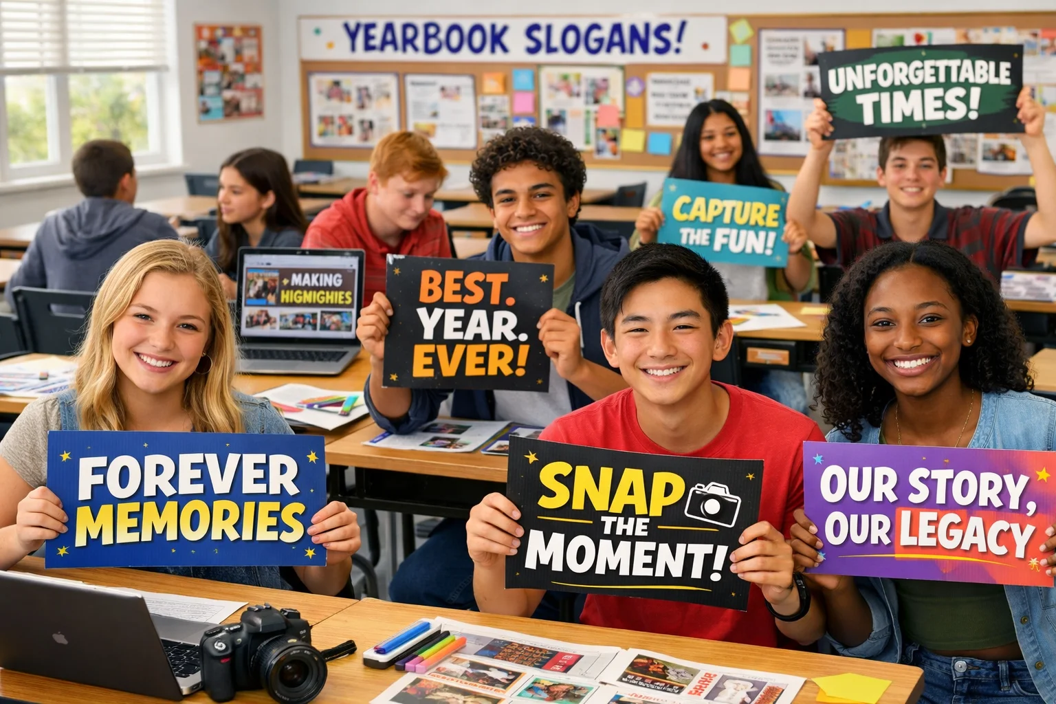 Yearbook Slogans displayed on design boards in a high school classroom focused on creating a memorable annual book.